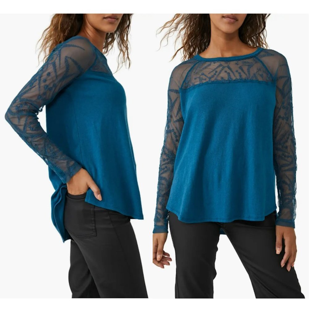 NWT New Free People Sidney Embroidered Mixed Media Long Sleeve Teal Top Size S